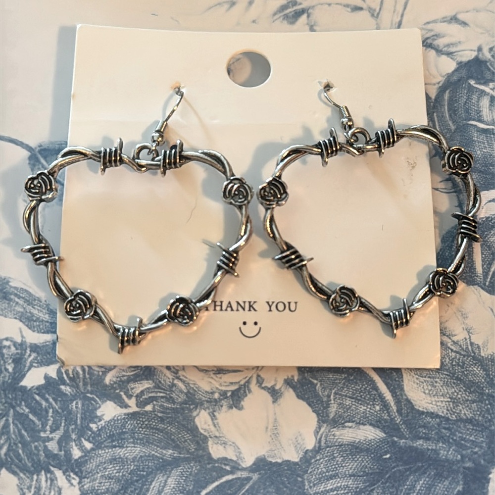 Silver Barbed Wire Rose Heart Hoop Earrings